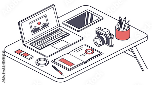 Creative Workspace: A meticulously arranged workstation showcases a photographer's tools, including a laptop displaying an image, a tablet, a vintage camera, and stationery.