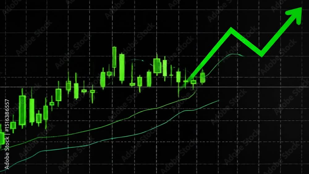 Rising stock market trading chart with green arrow on black background animation Rising stock market trading chart with green arrow on black background animation