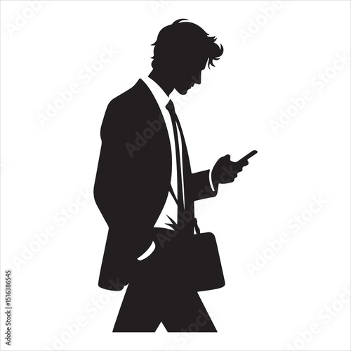 Man strolling on a city street, focused on his phone, relaxed body language, detailed vector silhouette , black colour vactor 
