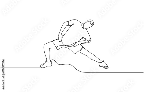 Man make stretching exercise continuous one line drawing. Hand drawn fitness concept, Activity performed to improve fitness, strength, or overall health. Sport theme design vector concept.
