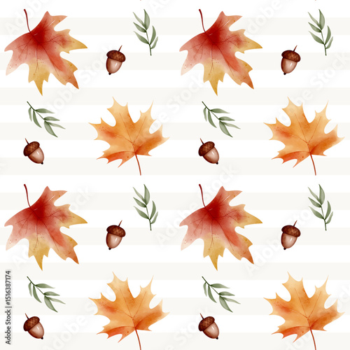 Seamless watercolor autumn pattern with leaves, herbs. Hand painted fall background for fabric and print
