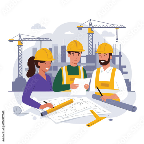Three construction workers in hard hats review blueprints at a table, with construction cranes and city buildings in the background.