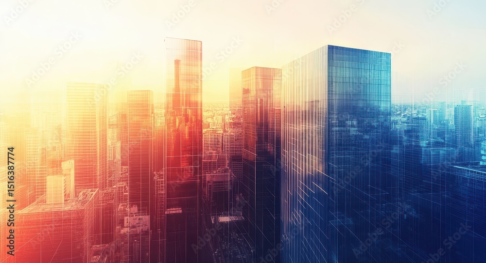 Obraz premium Urban Silhouette: Linear Architectural Sketch of a City Skyline with Vignetting Effect