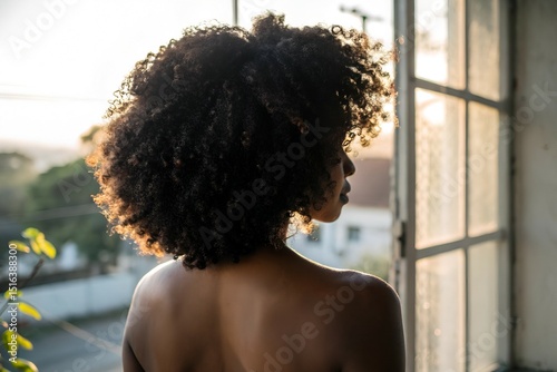 Curly Hair Blowing in the Wind on a Black Woman's Back
