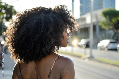 Curly Hair Blowing in the Wind on a Black Woman's Back