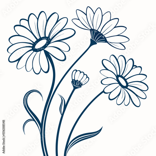Elegant botanical vector illustration of blooming daisies featuring intricate line art details