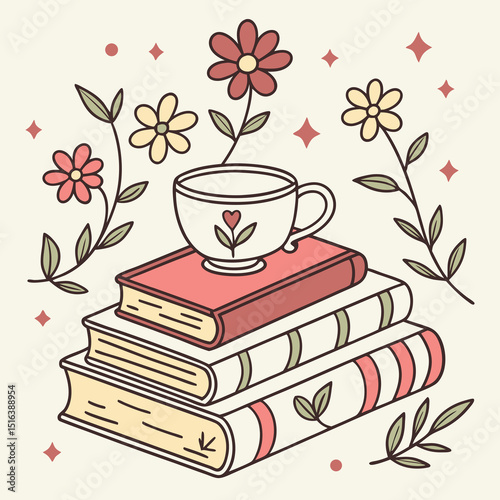 Cozy illustration of a cup of tea atop books with decorative flowers and leaves
