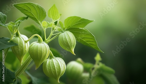 close up of a plant with growing tomatillo fruit