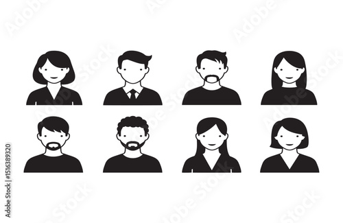Simple Black and White User Profile Icons Diverse Set of Male and Female Avatar Illustrations for Websites and Applications