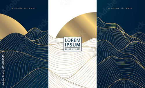 Vector set japanese art patterns, line waves and sun, mountains abstract graphic. Minimalist sea, ocean, landscape horizon sunset