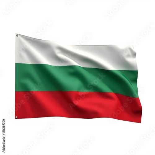 Photorealistic Bulgaria national flag isolated on white background. Horizontal tricolor of white, green, and red. Studio image with sharp focus and realistic fabric texture.