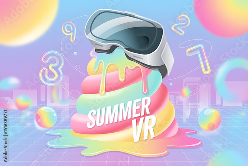 A white VR headset rests atop a whimsical, melting spiral of pastel colors with 