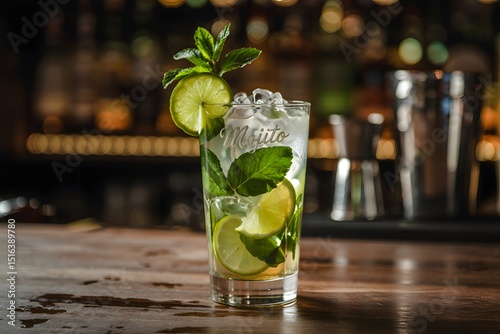 Refreshing mojito cocktail on wooden bartop