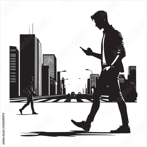Man strolling on a city street, focused on his phone, relaxed body language, detailed vector silhouette , black colour vactor 