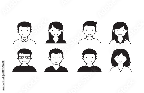 Diverse Set of Simple Black and White Profile Icons Male and Female Headshots for User Interfaces and Web Design