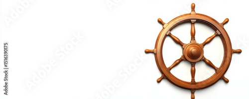 Elegant Wooden Ship's Steering Wheel with Eight Spokes and Rounded Handles on White Background for Nautical, Maritime, Travel and Marine Design Use