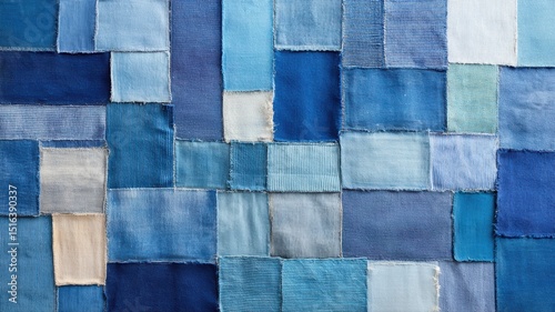 Patchwork of various blue denim fabric squares arranged in a geometric, quilt-like pattern.