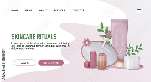 Skincare Rituals landing web page template with cosmetic bottles on floral background