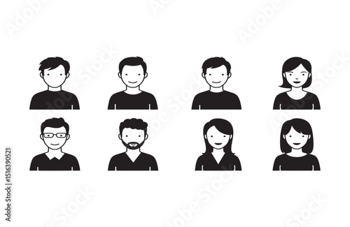 Diverse Set of Simple Black and White Profile Icons Men, Women, Various Hairstyles