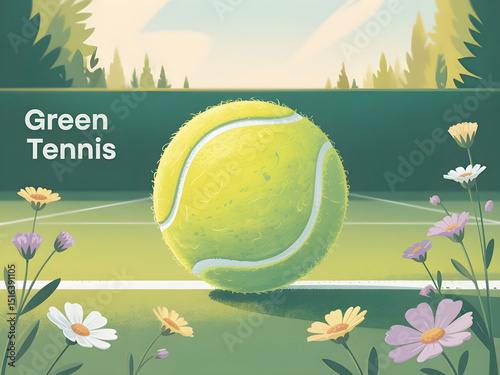 A large tennis ball rests on a green court lined with white, surrounded by whimsical wildflowers, with 