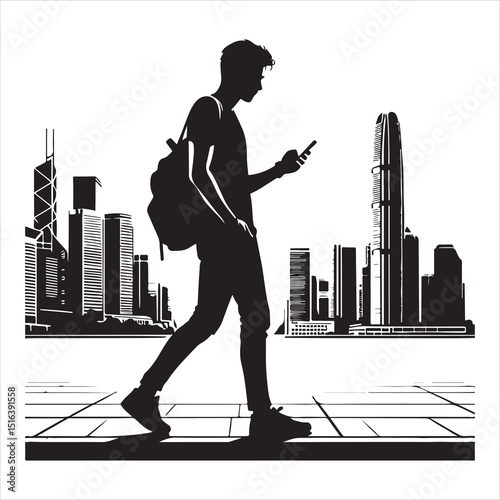 Man strolling on a city street, focused on his phone, relaxed body language, detailed vector silhouette , black colour vactor 