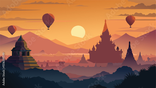 Myanmar landscape hot air balloons over bagan sunset illustration