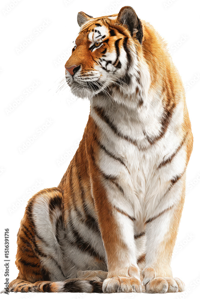 Fototapeta premium A magnificent tiger sits, showcasing its beautiful orange and black striped fur, looking alert.