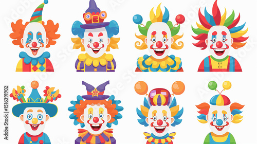 Set of cartoon clowns, jokers with color hairstyles, circus hats and red noses. Vector illustration collection isolated on white background. Crazy comic clownish masks with balloons 