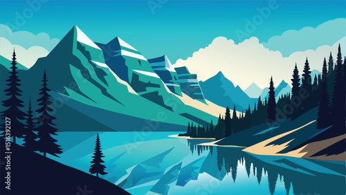 Landscape illustration of mountains lake and forest scenery art