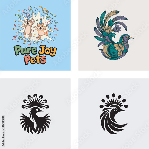 Collection of diverse pet and bird logo designs including cheerful cartoon animals and creative abstract bird symbolism for branding