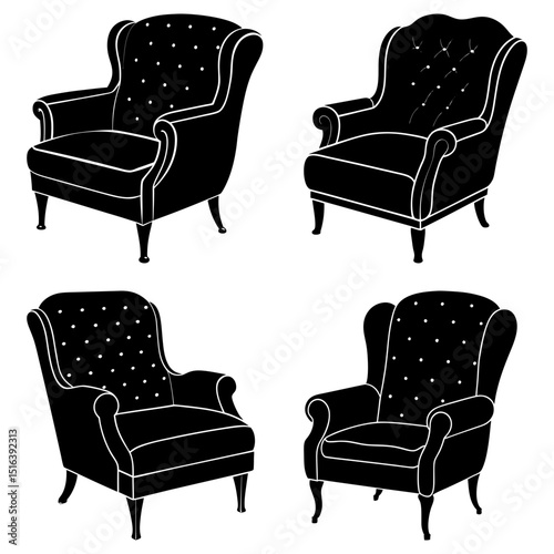 Four black and white silhouette illustrations of wingback chairs with button tufted upholstery