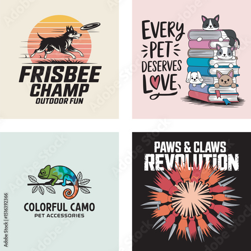 Collection of vibrant vector illustrations featuring playful dogs and cats showcasing fun outdoor activities and loving pet quotes.