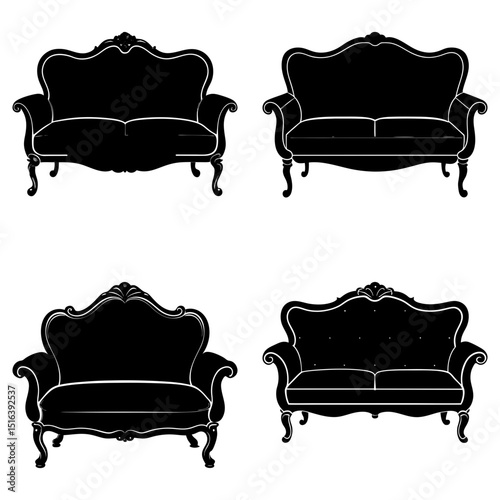 Four ornate black silhouette sofas with detailed frames and legs arranged in a square pattern design