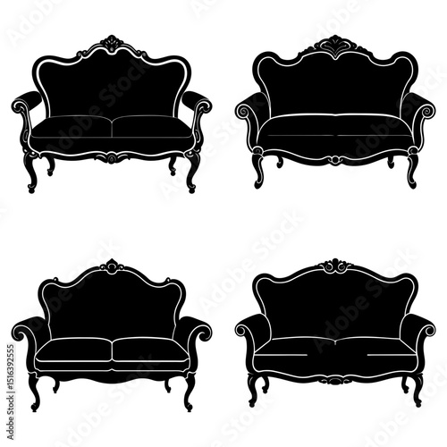 Collection of four ornate black sofas with decorative frames and curved legs in a simple arrangement