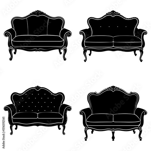 Four ornate black silhouette sofas with decorative frames and curved legs in a symmetrical arrangement