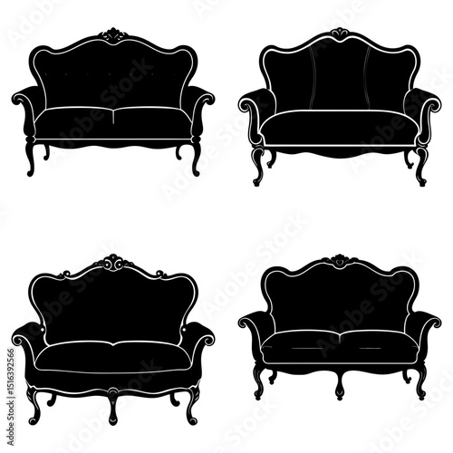 Illustration of four ornate black sofas with curved backs and legs on a white background in a square grid