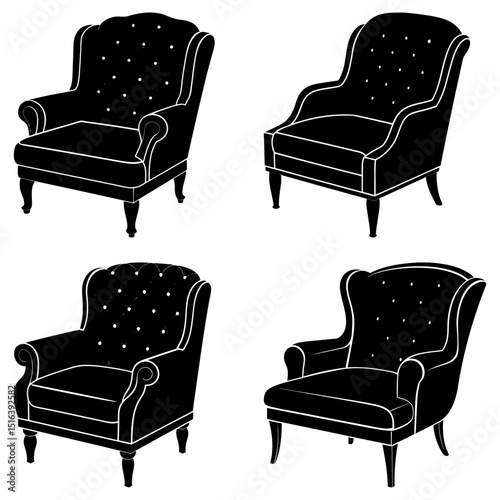 Four black armchairs with white outlines in varying styles against a white background display elegance