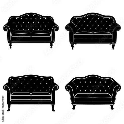 Four black and white illustrations of loveseats with tufted backs and curved armrests on a white background