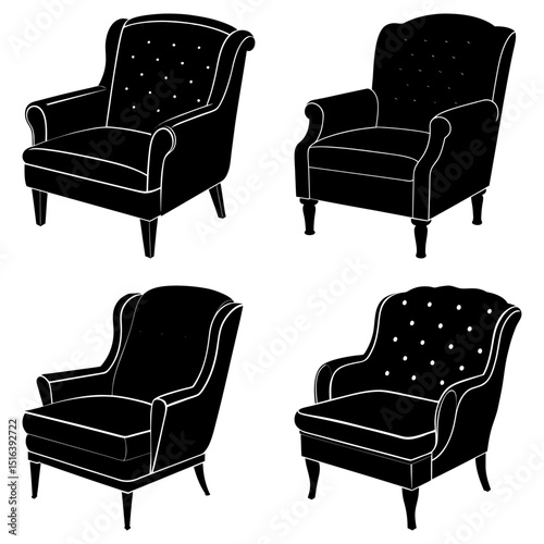 Four black and white silhouette illustrations of upholstered armchairs with various designs and styles