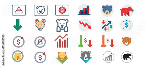 Vector illustrations depicting financial markets with bear symbols depicting stock market declines and fluctuations in investment.