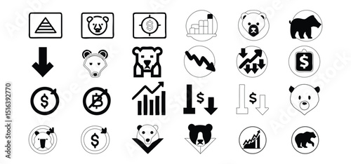 Black and white financial icon set of stock market indicators depicting bearish and negative economic trends.