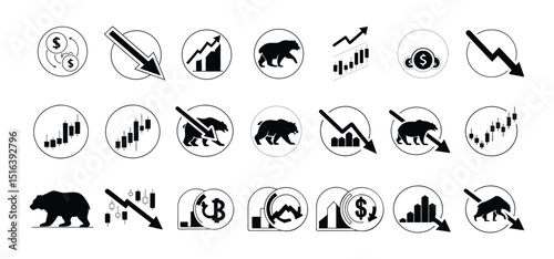 Various black and white illustrations depicting bear markets financial downturns economic recession and trading