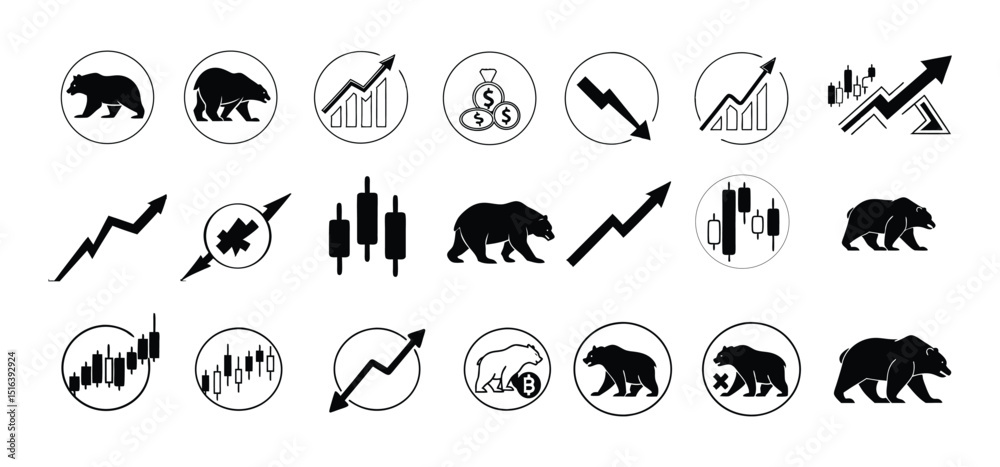 Naklejka premium Stock market and cryptocurrency financial concepts depicted through stylized bear and bull icons in monochrome design.