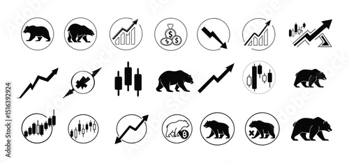 Stock market and cryptocurrency financial concepts depicted through stylized bear and bull icons in monochrome design.