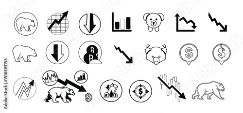 Collection of black and white illustrations showcasing concepts of market downturns and financial instability in trading