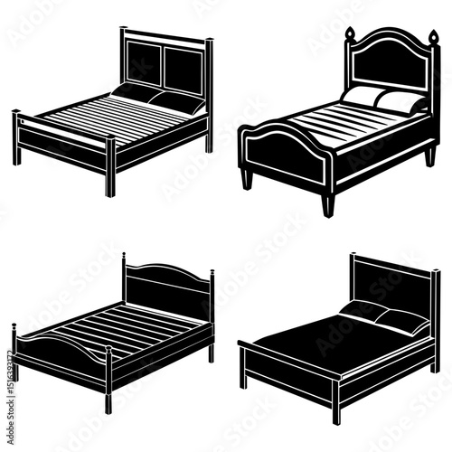Four different styles of beds with headboards and pillows in a black and white vector illustration