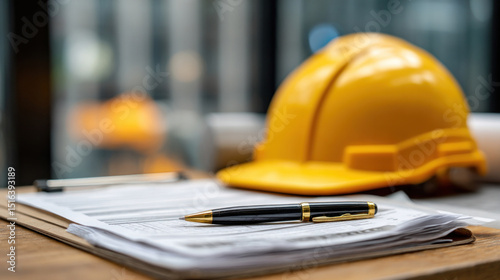 Close-up of construction helmet and printed legal forms, pen and clipboard on desk, symbol of safety compliance, law and engineering intersection in modern workspace setting