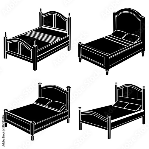 Four black and white illustrations of beds with different styles and designs in a simple graphic format
