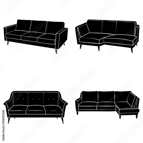 Illustration of four black sofas with different styles and configurations on a white background