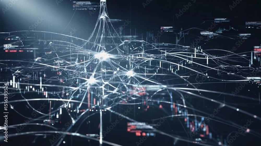 A massive wall of glowing data numbers, graphs, tickers floods digital tsunami. neural network structure data stream, producing glowing trend lines visualizations. Zoom network AI nodes calculating